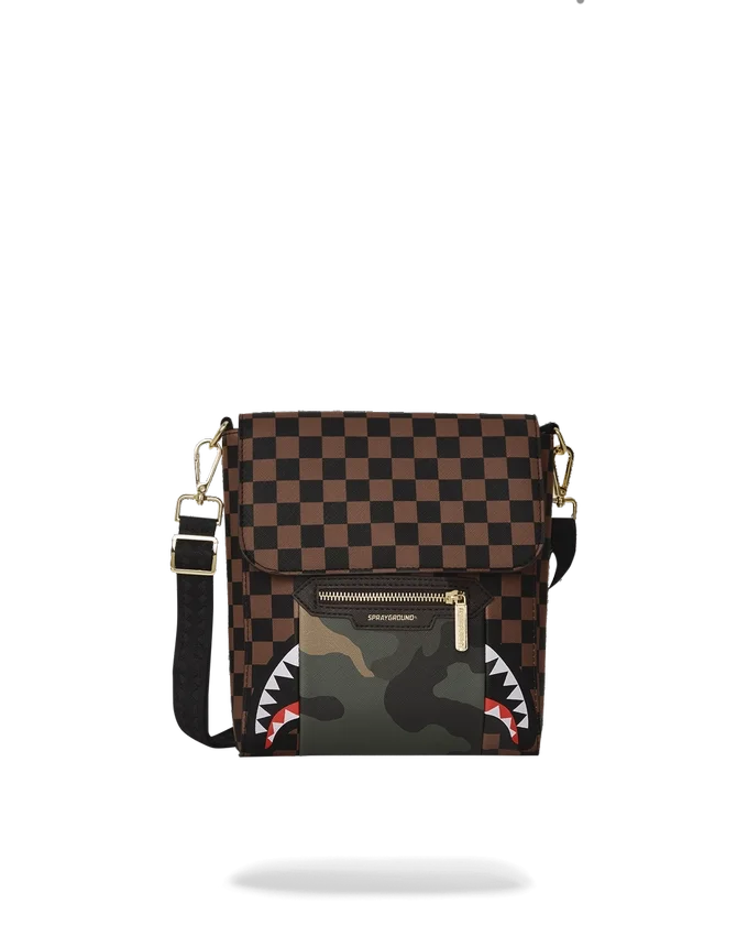 MESSENGER-SLING-TASCHE „SHARKS IN PARIS“ MIT GOLDENER REISSVERSCHLUSSTASCHE AUF DER AUSSENSEITE