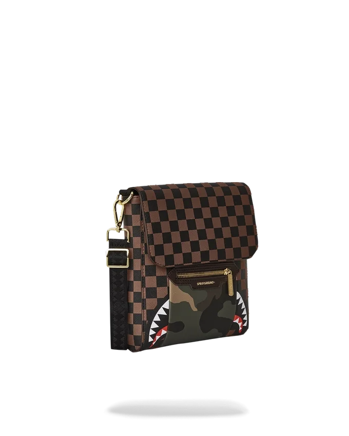 MESSENGER-SLING-TASCHE „SHARKS IN PARIS“ MIT GOLDENER REISSVERSCHLUSSTASCHE AUF DER AUSSENSEITE